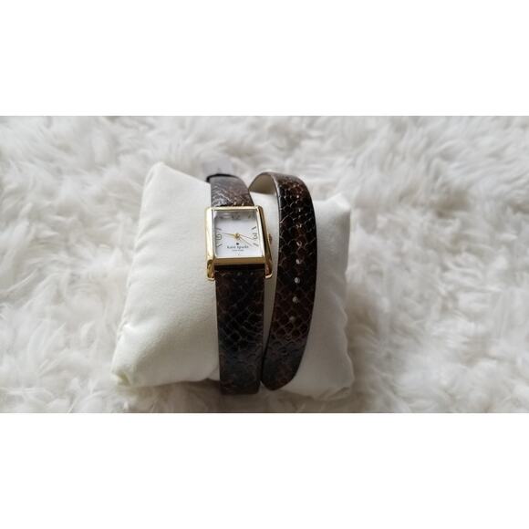 Kate Spade Women brown Leather double Wrap Band Watch gold dial rectangle NEW - Picture 2 of 12